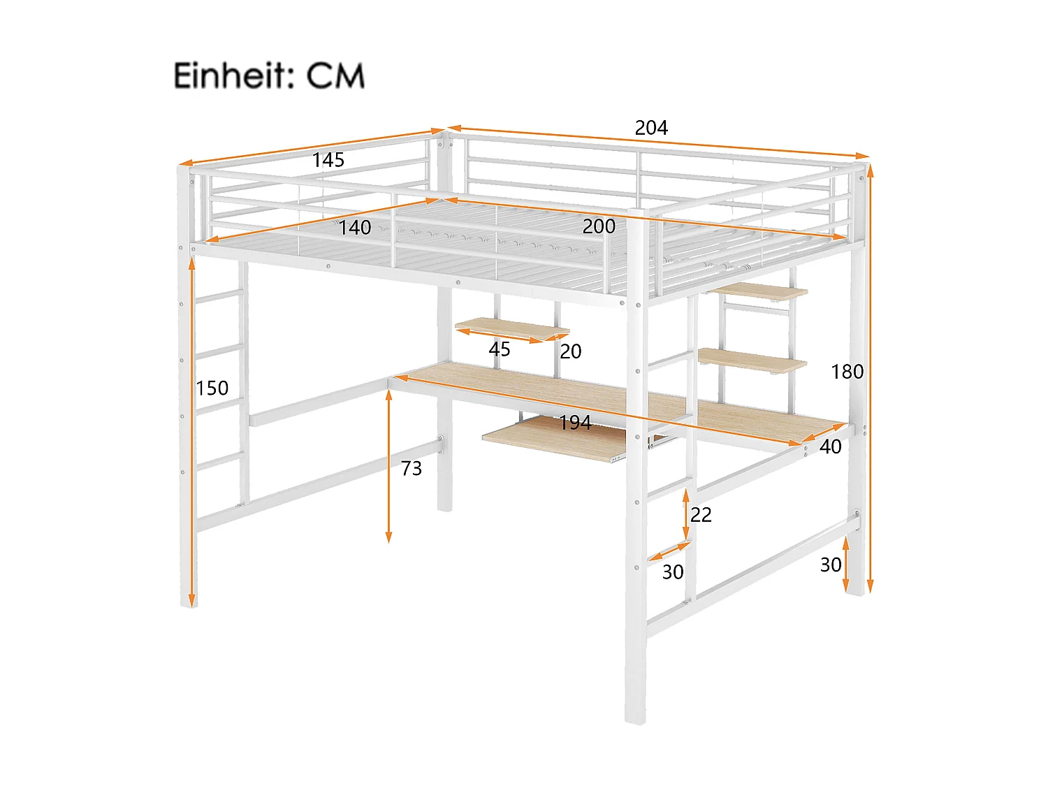 Volwassen mezzaninebed 140x200cm met lattenbodem - valbeveiliging bureau en 2 legplanken - metaal - wit (zonder matras)