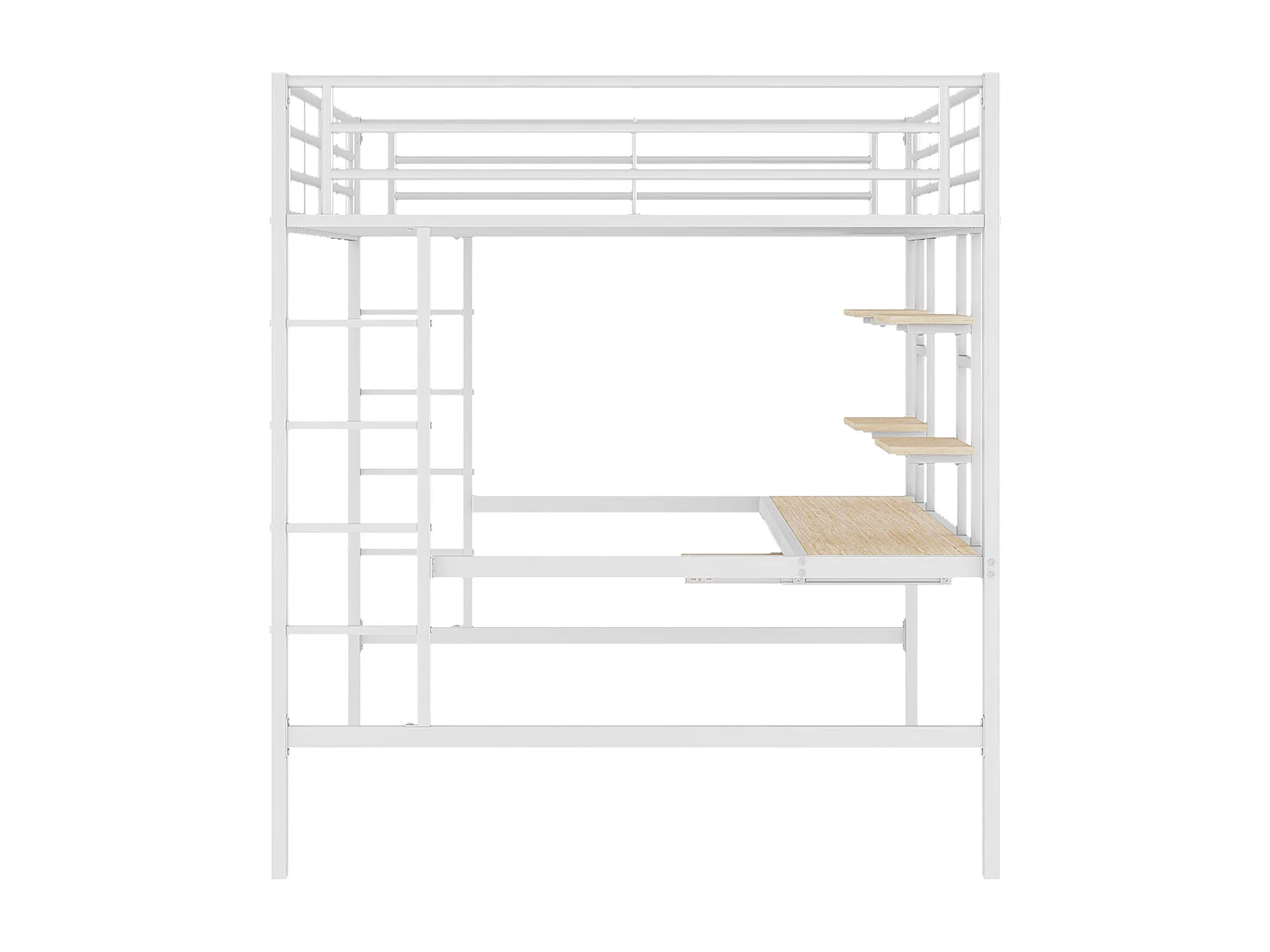 Volwassen mezzaninebed 140x200cm met lattenbodem - valbeveiliging bureau en 2 legplanken - metaal - wit (zonder matras)