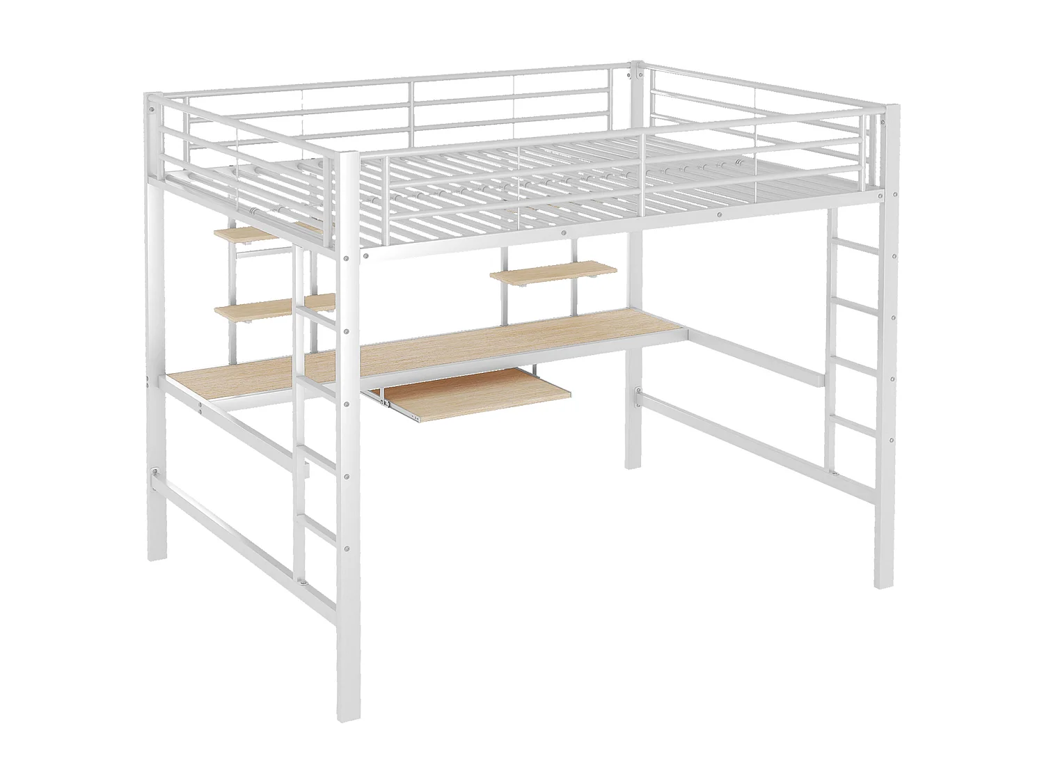 Volwassen mezzaninebed 140x200cm met lattenbodem - valbeveiliging bureau en 2 legplanken - metaal - wit (zonder matras)