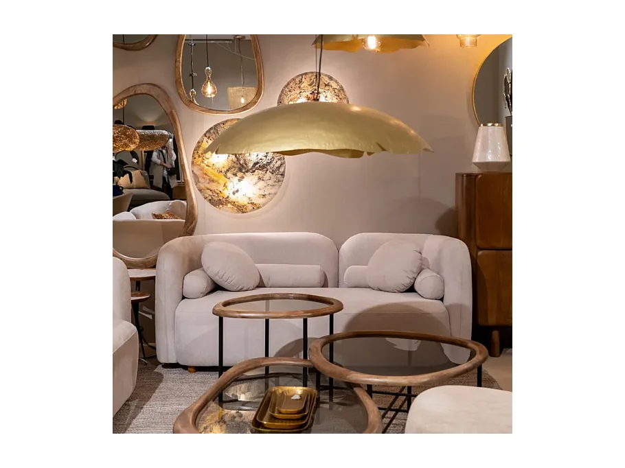 Canapé 2 places galbé en tissu beige avec coussins AURALINE