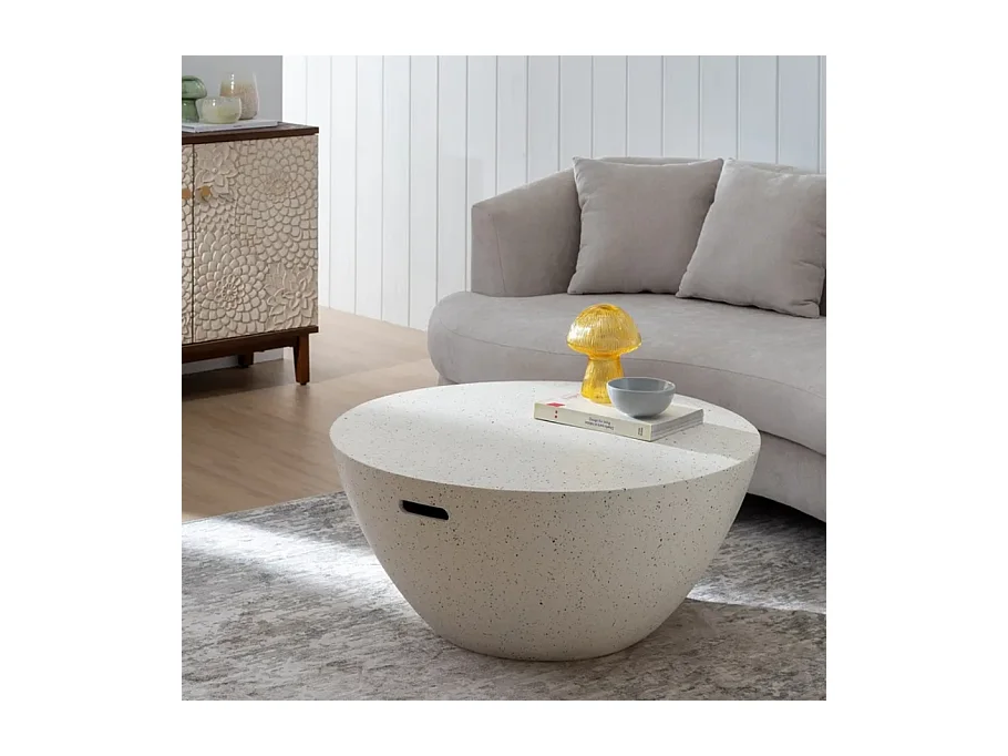 Table basse monolithe magnésium blanc moucheté avec poignées 90 cm FLOREANE