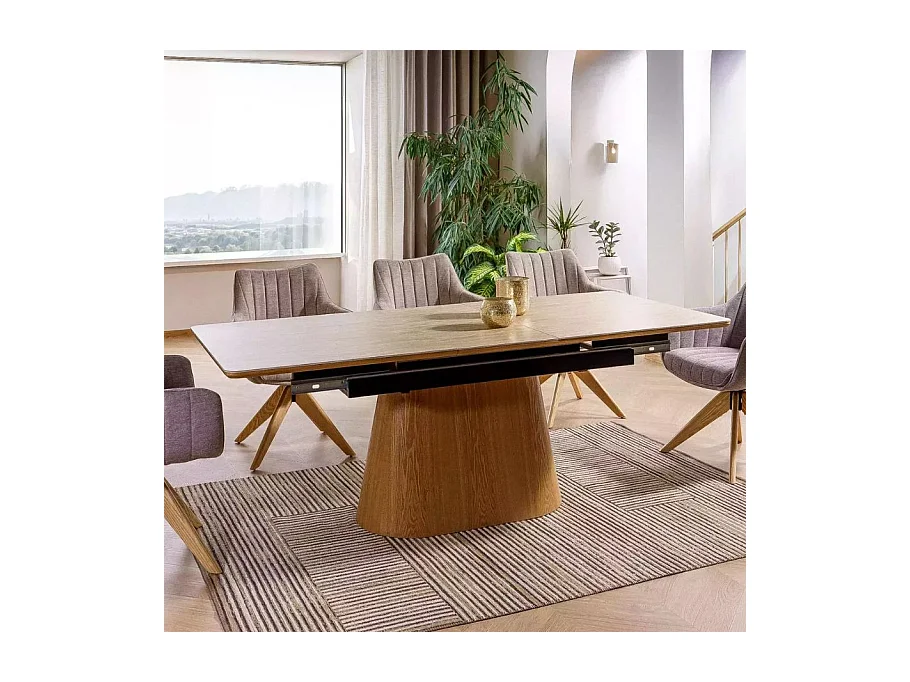 Table de salle à manger extensible 160 + 40cm en céramique travertin et chêne MONACO