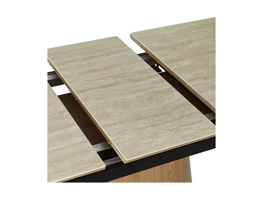 Table de salle à manger extensible 160 + 40cm en céramique travertin et chêne MONACO