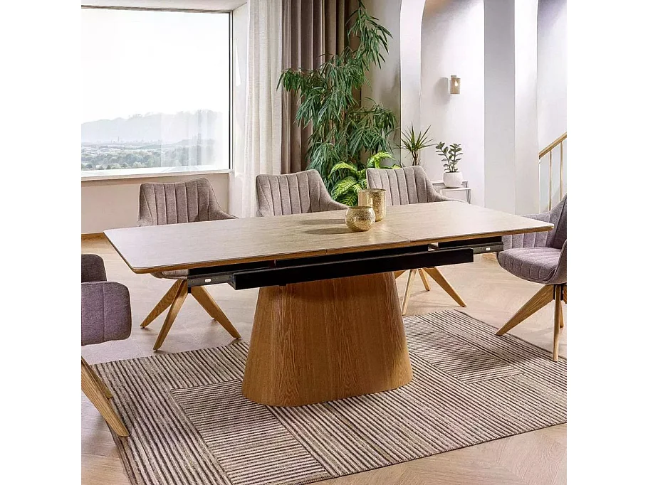 Table de salle à manger extensible 160 + 40cm en céramique travertin et chêne MONACO