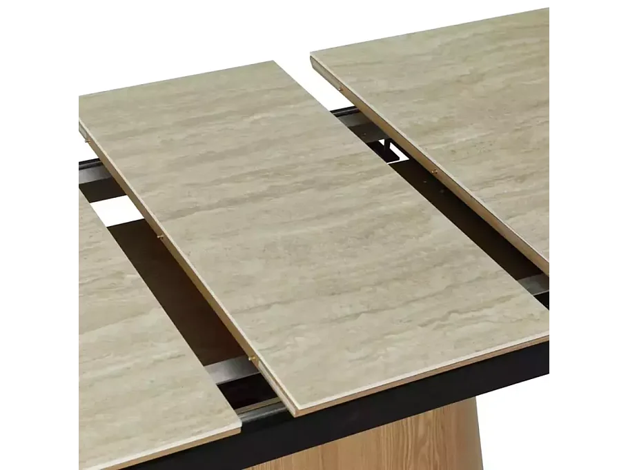 Table de salle à manger extensible 160 + 40cm en céramique travertin et chêne MONACO