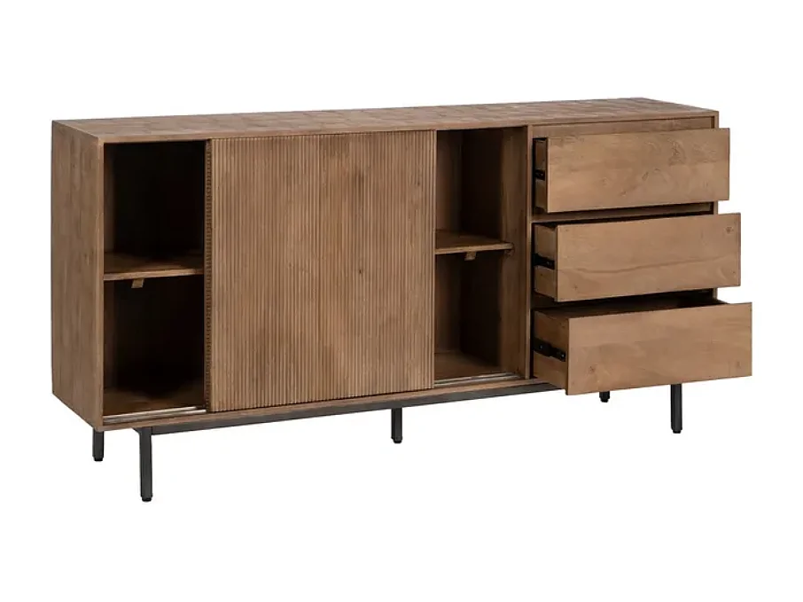 Bahut bois de manguier 180 cm avec portes coulissantes et tiroirs sur pieds métal SARANA