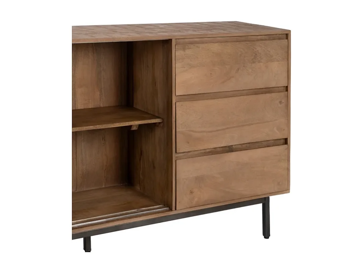 Bahut bois de manguier 180 cm avec portes coulissantes et tiroirs sur pieds métal SARANA