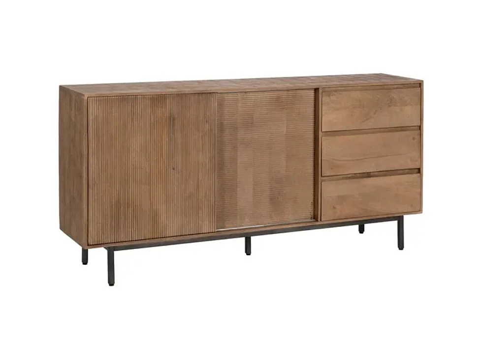 Bahut bois de manguier 180 cm avec portes coulissantes et tiroirs sur pieds métal SARANA
