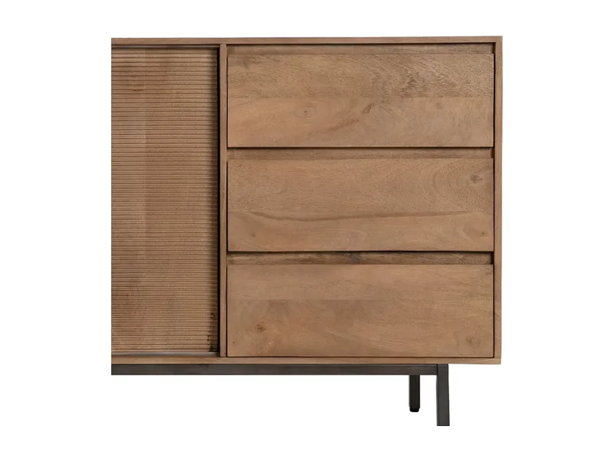 Bahut bois de manguier 180 cm avec portes coulissantes et tiroirs sur pieds métal SARANA