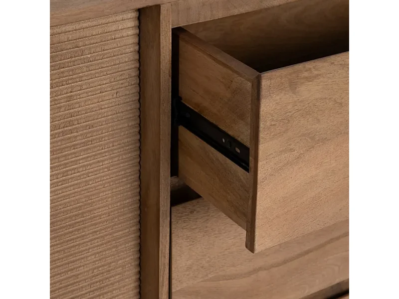 Bahut bois de manguier 180 cm avec portes coulissantes et tiroirs sur pieds métal SARANA