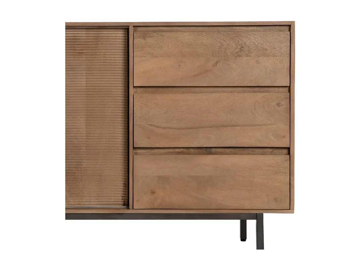 Bahut bois de manguier 180 cm avec portes coulissantes et tiroirs sur pieds métal SARANA