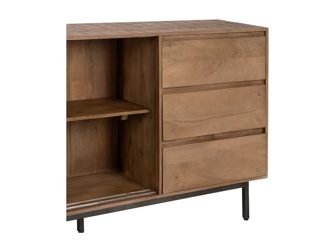 Bahut bois de manguier 180 cm avec portes coulissantes et tiroirs sur pieds métal SARANA