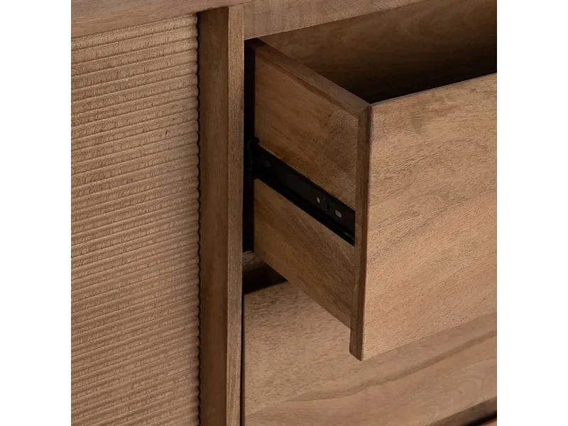 Bahut bois de manguier 180 cm avec portes coulissantes et tiroirs sur pieds métal SARANA