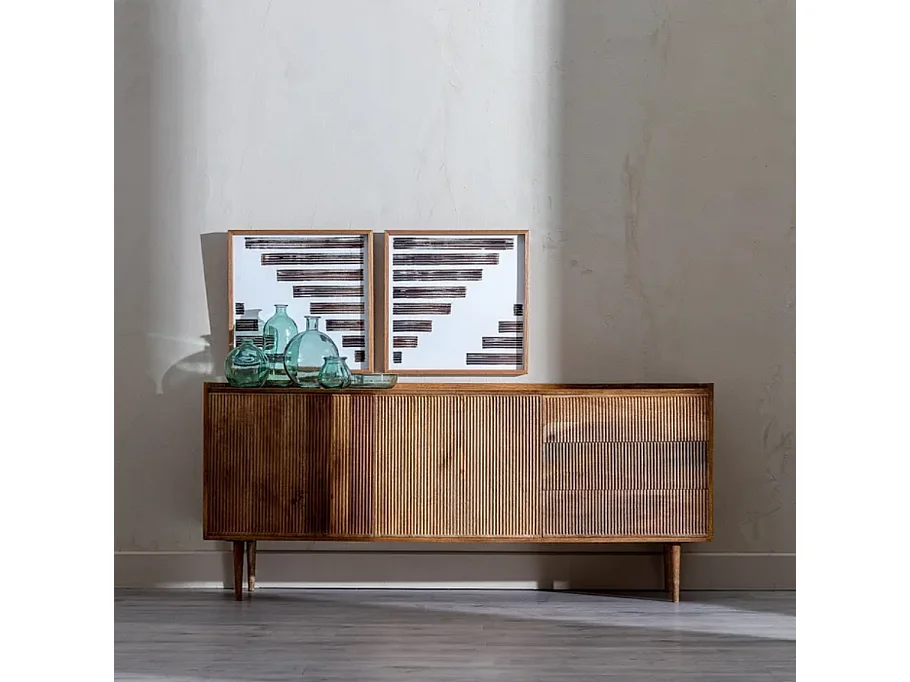 Bahut en bois de manguier 174 cm, tiroirs avec portes et façades rainurées NUANCE