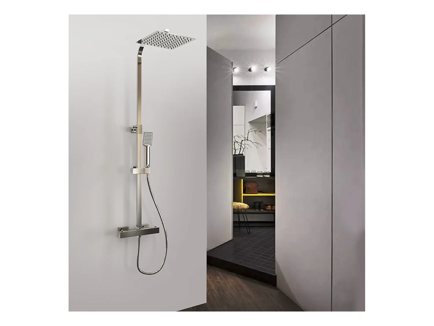 AICA Coluna de Chuveiro Termostática Cromo com Chuveiro de Mão Quadrado + Chuveiro Superior Grande 20 cm x 20 cm