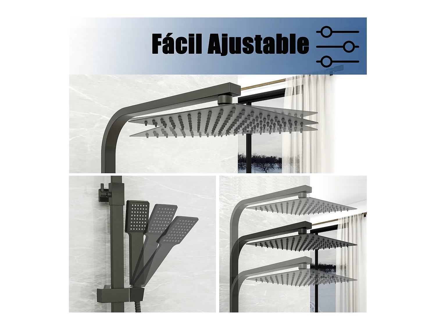 AICA Columna de Ducha Termostática Negra Mate con Alcachofa Cuadrada y Rociador Superior Grande 20 cm x 20 cm