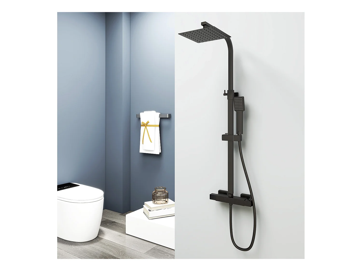 AICA Coluna de Chuveiro Termostática Preta Mate com Chuveiro de Mão Quadrado e Chuveiro Superior Grande 20 cm x 20 cm