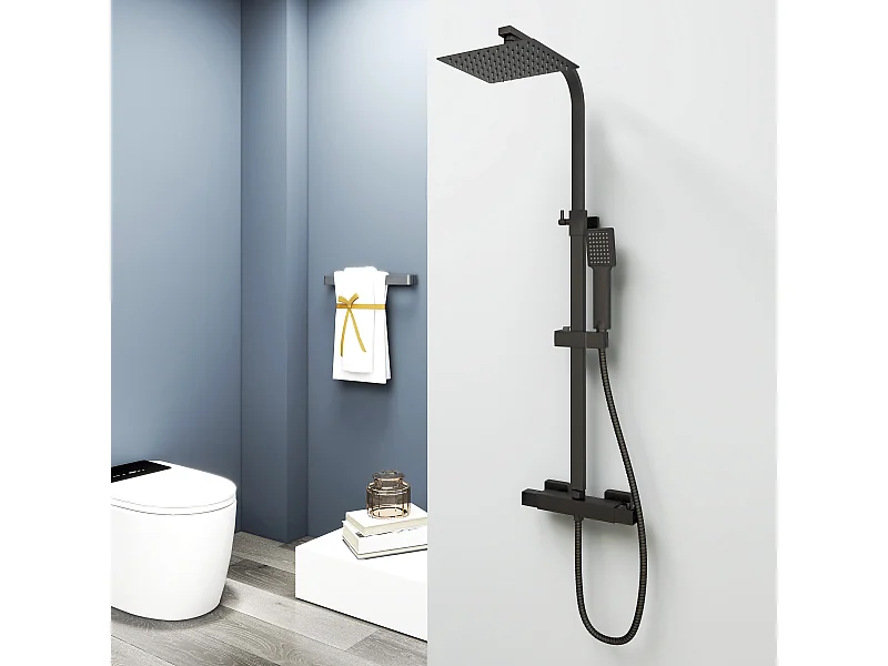 AICA Coluna de Chuveiro Termostática Preta Mate com Chuveiro de Mão Quadrado e Chuveiro Superior Grande 20 cm x 20 cm