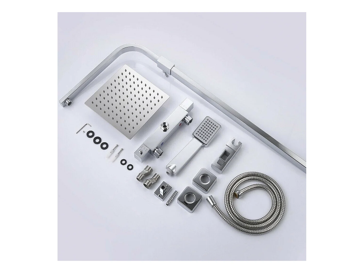 AICA Columna de Ducha Termostática Cromada| Alcachofa Cuadrada Grande | Barra Regulable 76-118 cm | Sistema de Ducha Superior