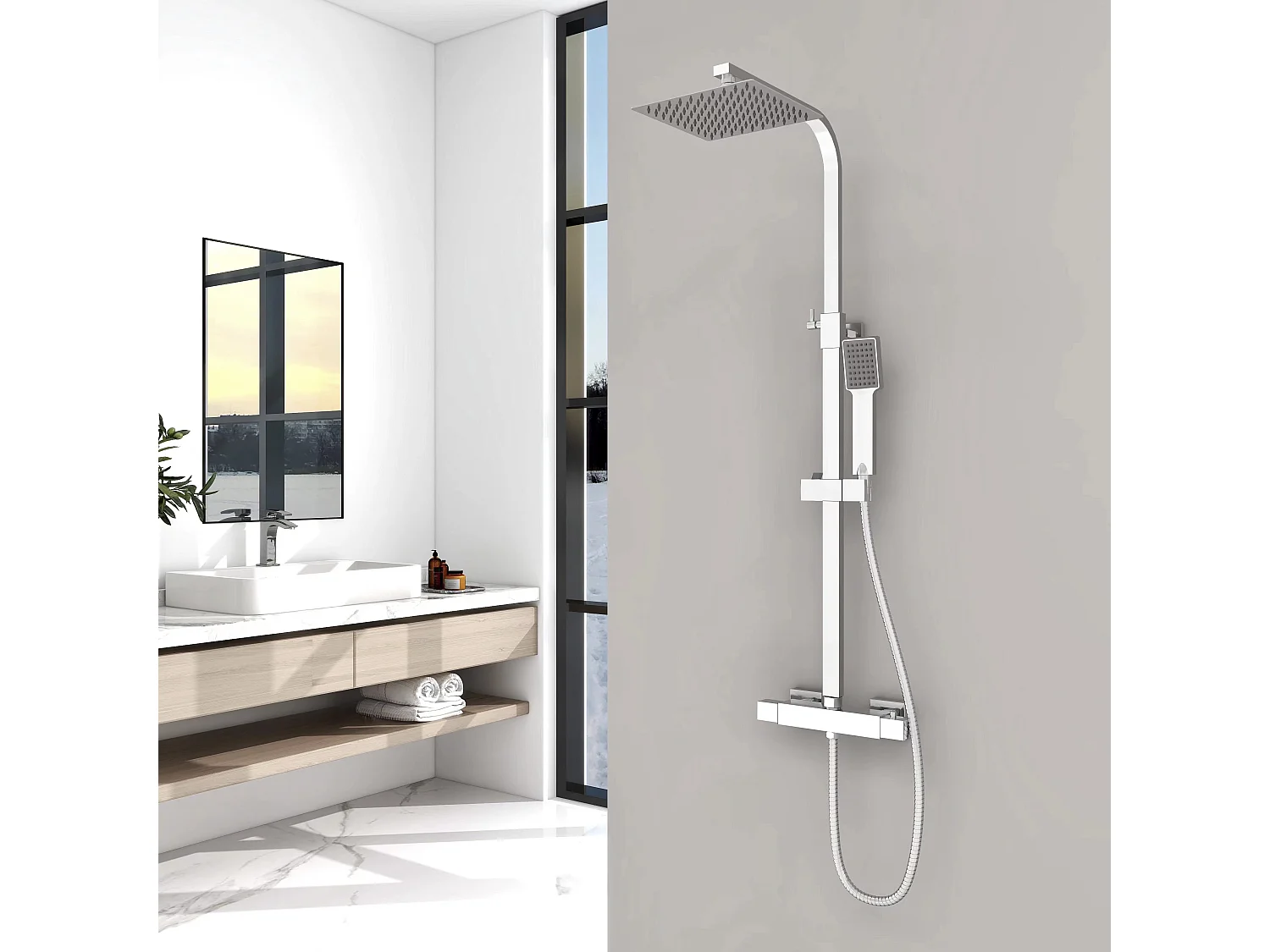 AICA Coluna de Chuveiro Termostática Cromada | Chuveiro de Mão Quadrado Grande | Barra Regulável 76-118 cm | Sistema de Chuveiro Superior