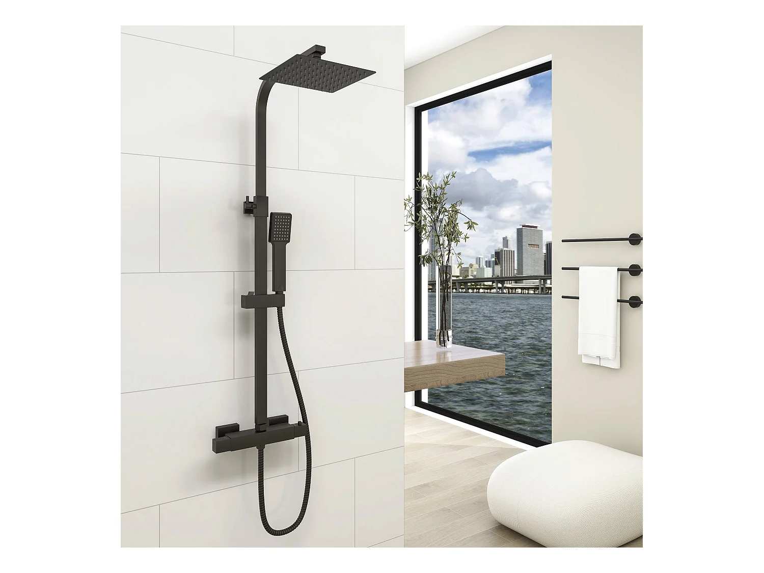 AICA Columna de Ducha Termostática Negra Mate con Alcachofa Cuadrada, Rociador Superior y Barra Ajustable