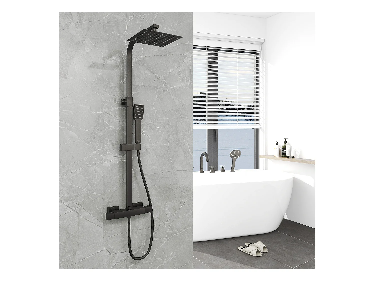 AICA Columna de Ducha Termostática Negra Mate con Alcachofa Cuadrada + Rociador Superior Grande 20 cm x 20 cm