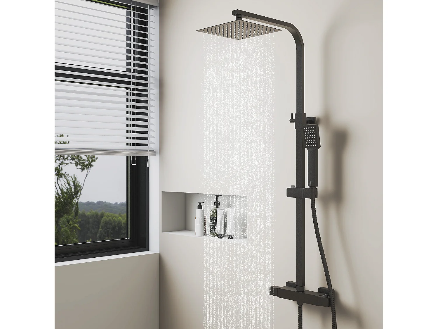 AICA Columna de Ducha Termostática Negra Mate| Alcachofa Cuadrada Grande | Barra Regulable 76-118 cm | Sistema de Ducha Superior