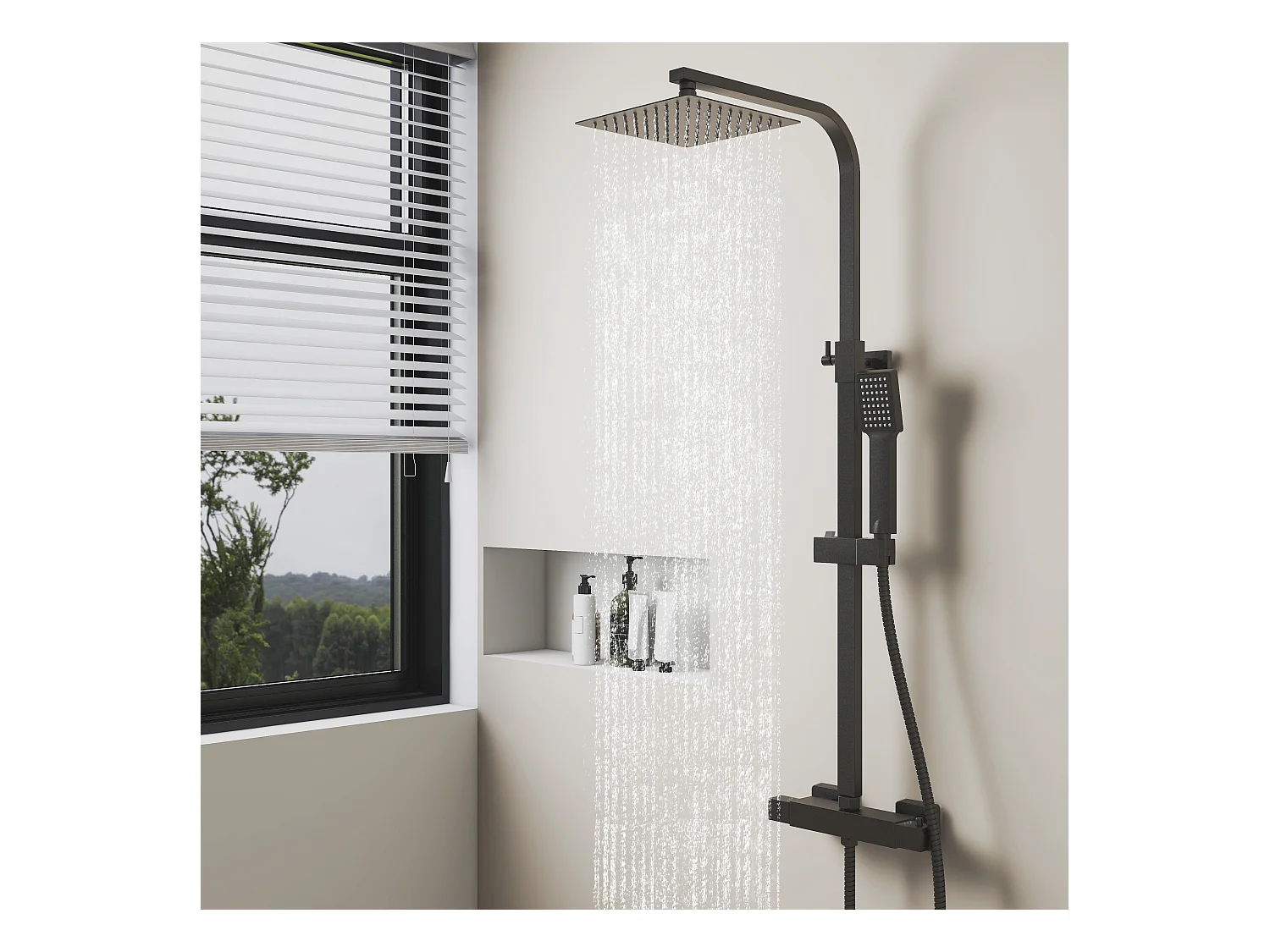 AICA Coluna de Chuveiro Termostática Preta Mate | Chuveiro de Mão Quadrado Grande | Barra Regulável 76-118 cm | Sistema de Chuveiro Superior