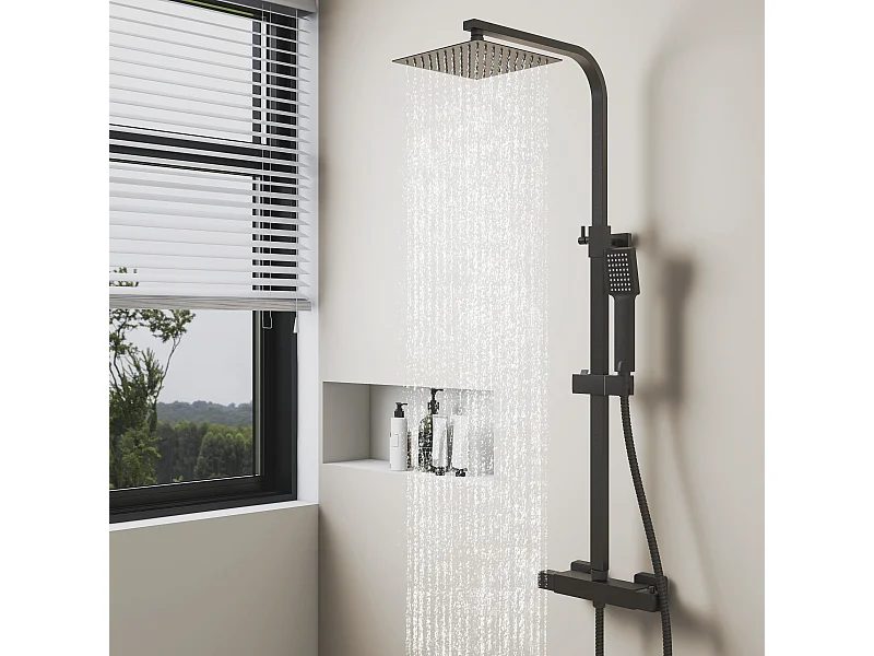 AICA Coluna de Chuveiro Termostática Preta Mate | Chuveiro de Mão Quadrado Grande | Barra Regulável 76-118 cm | Sistema de Chuveiro Superior