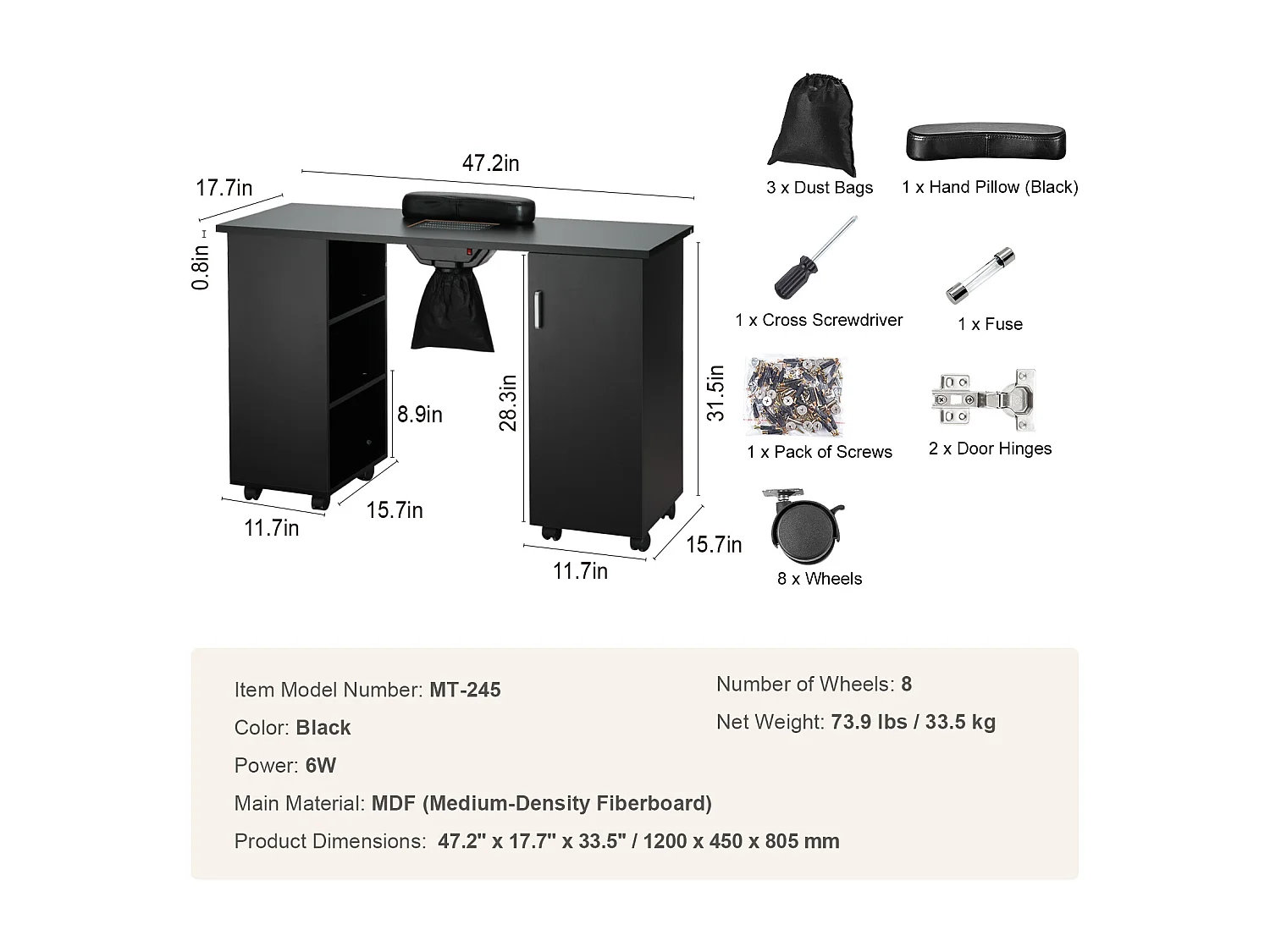 Table de Manucure SucceBuy, Station de Table à Ongles Dépoussiéreur Électrique, Bureau d'Ongles Mobile 8 Roues, 3 Sacs à Poussière Repose-Poignet
