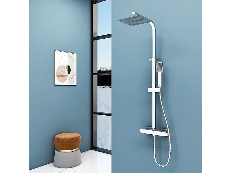 Columna de Ducha Termostática AICA Cromada Ajustable con Alcachofa y Ducha Superior Grande Cuadrada
