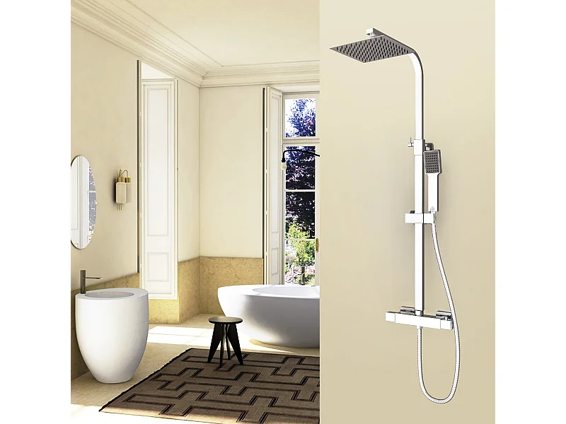 AICA Columna de Ducha Termostática Cromo con Alcachofa Cuadrada, Rociador Superior y Barra Ajustable