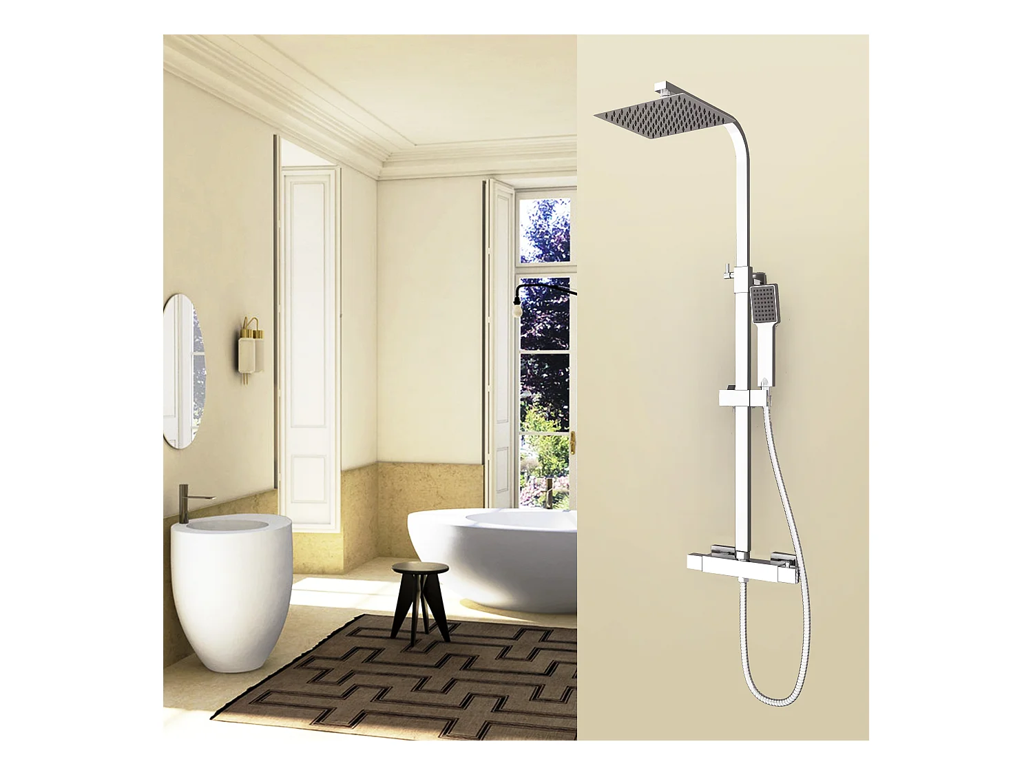 AICA Columna de Ducha Termostática Cromo con Alcachofa Cuadrada, Rociador Superior y Barra Ajustable