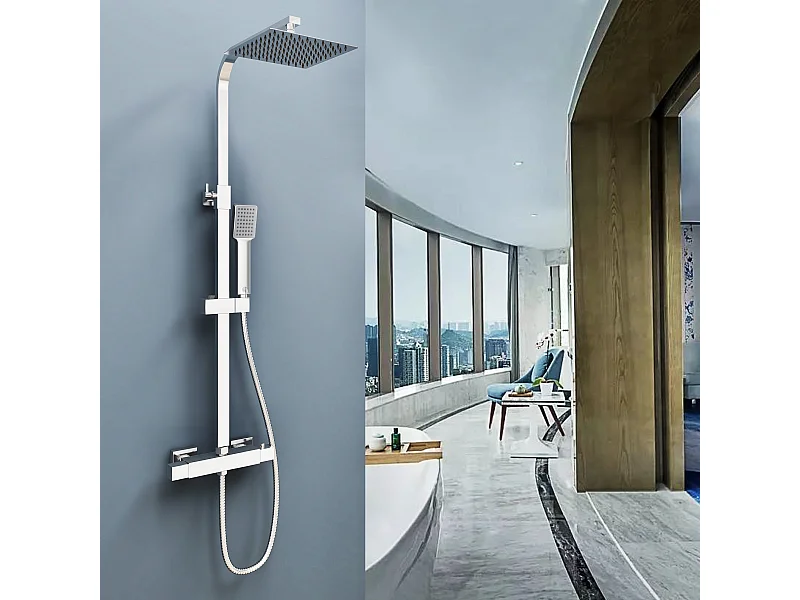 AICA Columna de Ducha Termostática Cromo con Alcachofa Cuadrada y Rociador Superior Grande 20 cm x 20 cm