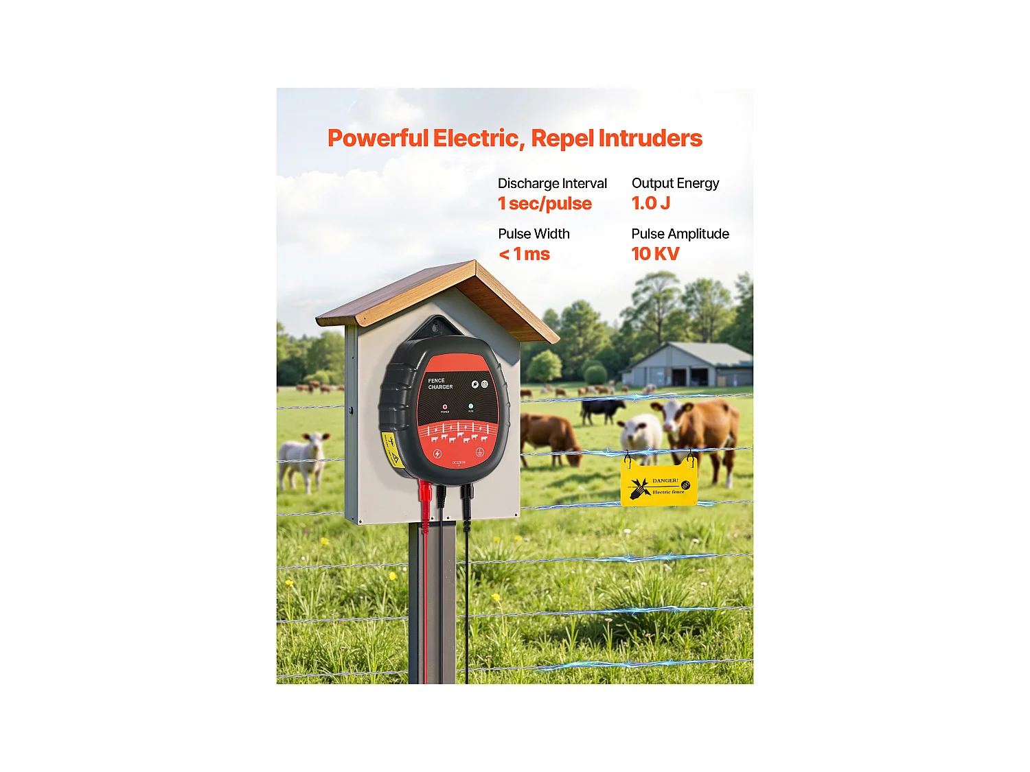 Chargeur de Clôture Électrique SucceBuy, 1 J, Électrificateur de Clôture Électrique, Compatible Alimentations CA CC Solaire, 10 kV, Portée 1-3 km