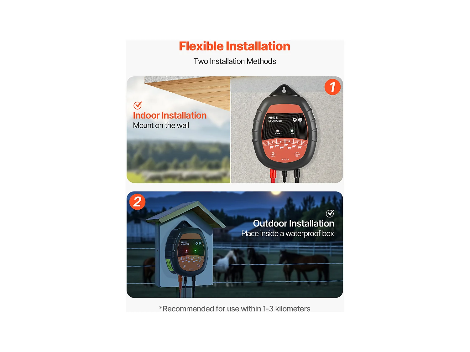 Chargeur de Clôture Électrique SucceBuy, 1 J, Électrificateur de Clôture Électrique, Compatible Alimentations CA CC Solaire, 10 kV, Portée 1-3 km