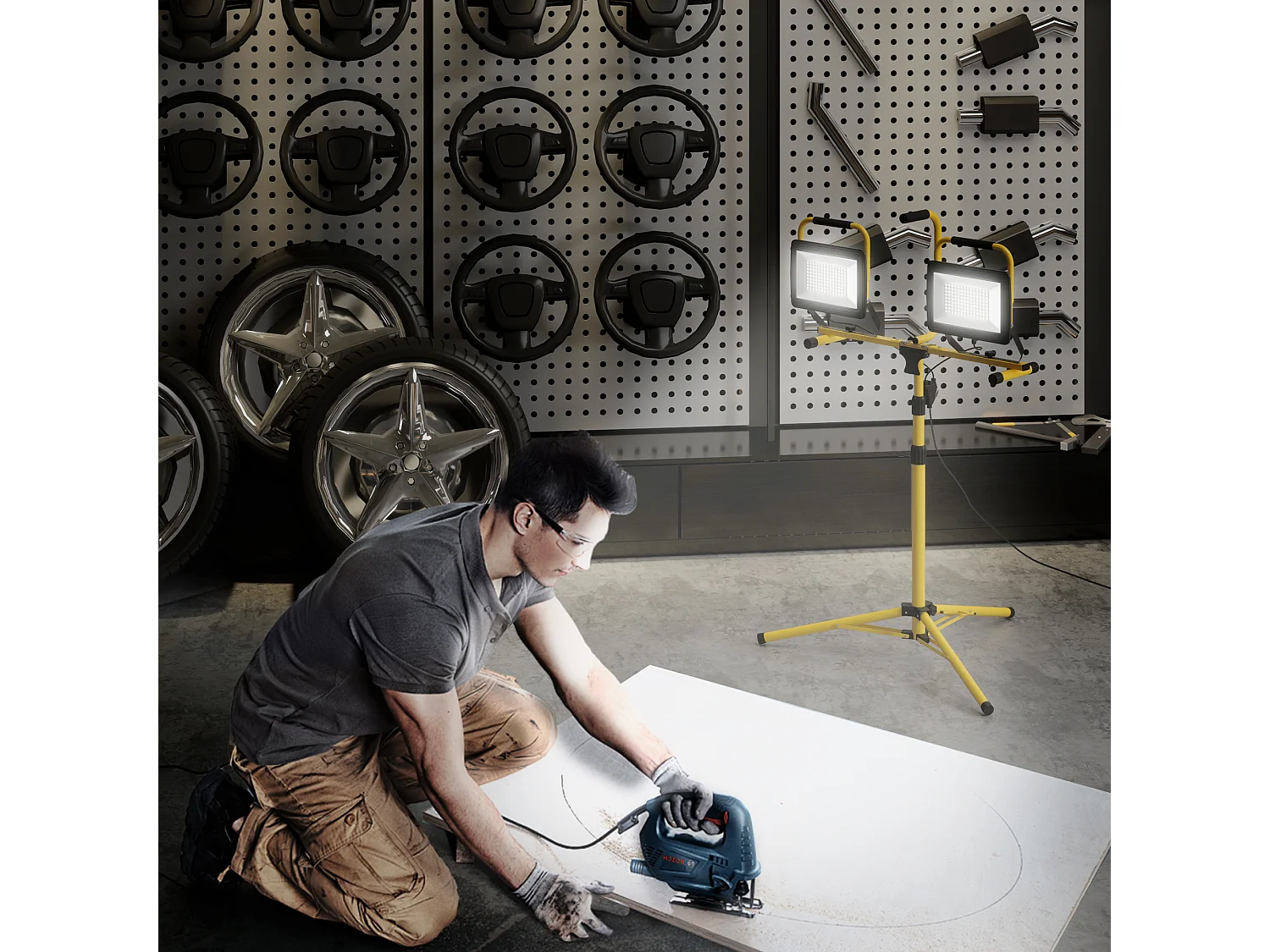 Projecteur de chantier sur trépied réglable orientable - 2 x 100W - 17000LM - étanche IP65 - métal jaune