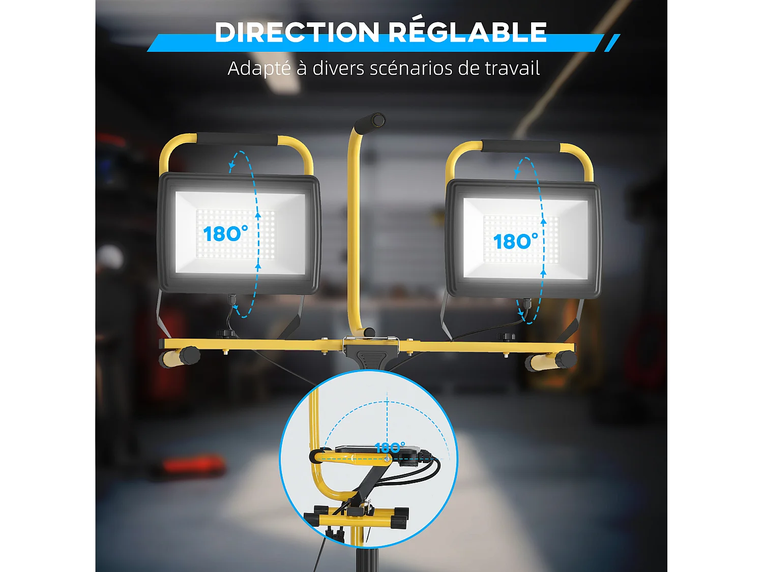 Projecteur de chantier sur trépied réglable orientable - 2 x 100W - 17000LM - étanche IP65 - métal jaune