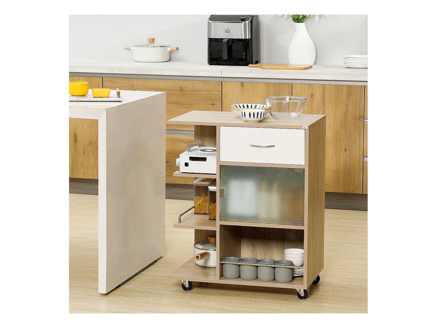 Desserte de cuisine style contemporain - 3 étagères, niche, porte verre, tiroir - effet bois naturel blanc