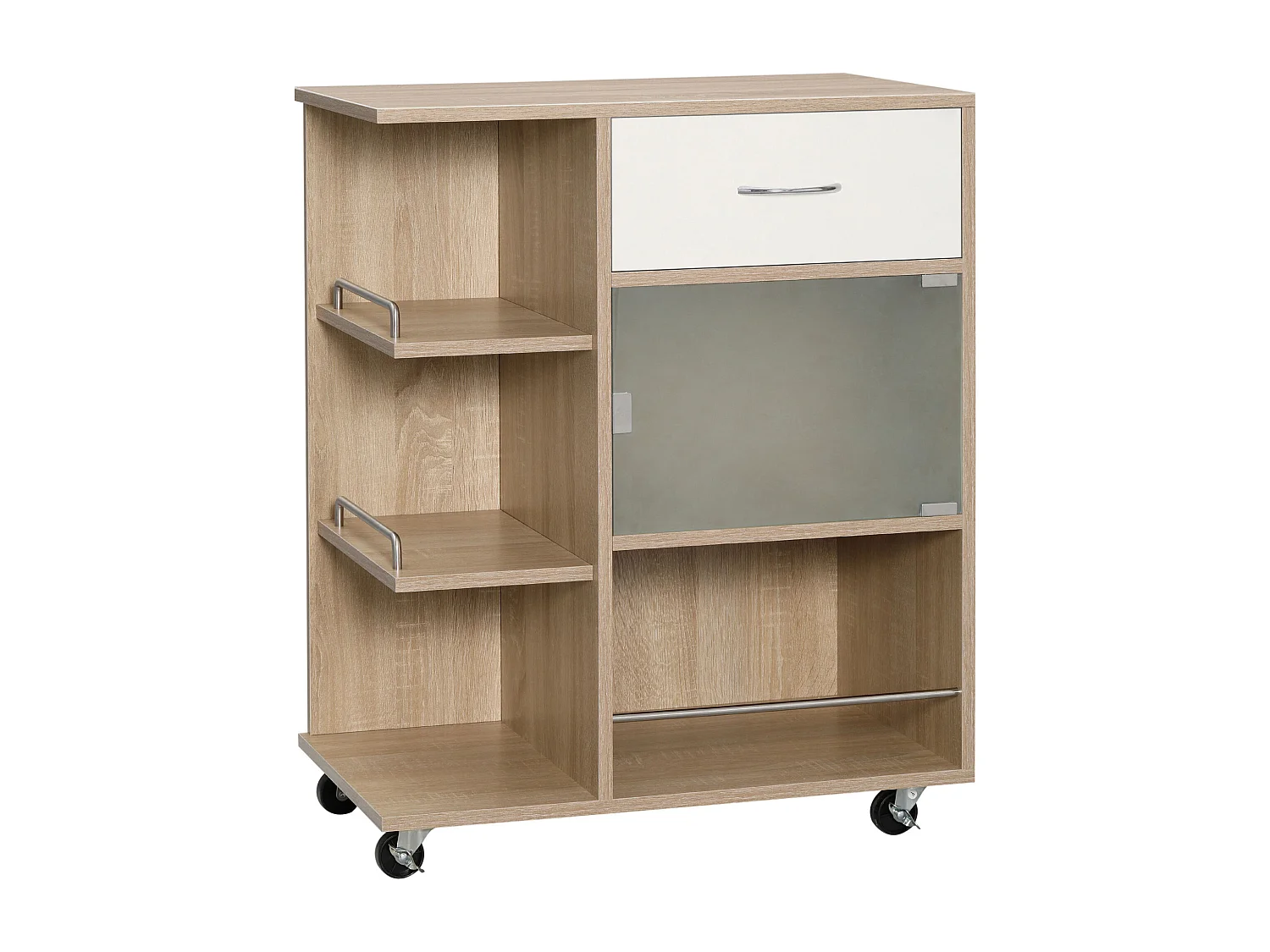 Desserte de cuisine style contemporain - 3 étagères, niche, porte verre, tiroir - effet bois naturel blanc