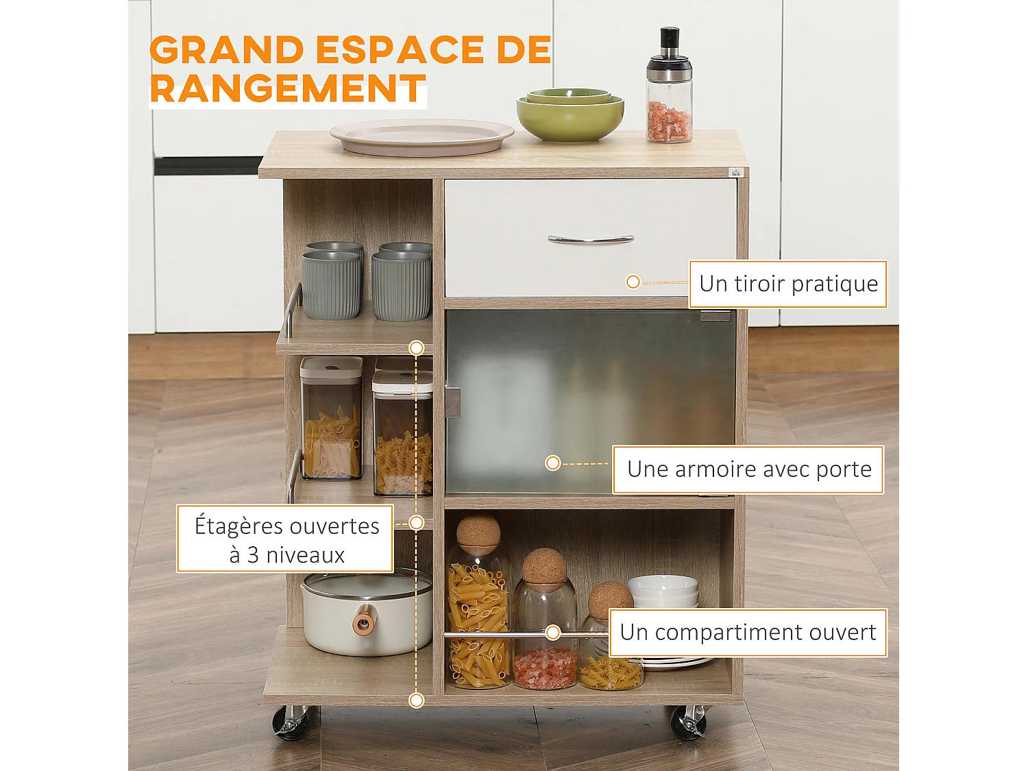 Desserte de cuisine style contemporain - 3 étagères, niche, porte verre, tiroir - effet bois naturel blanc