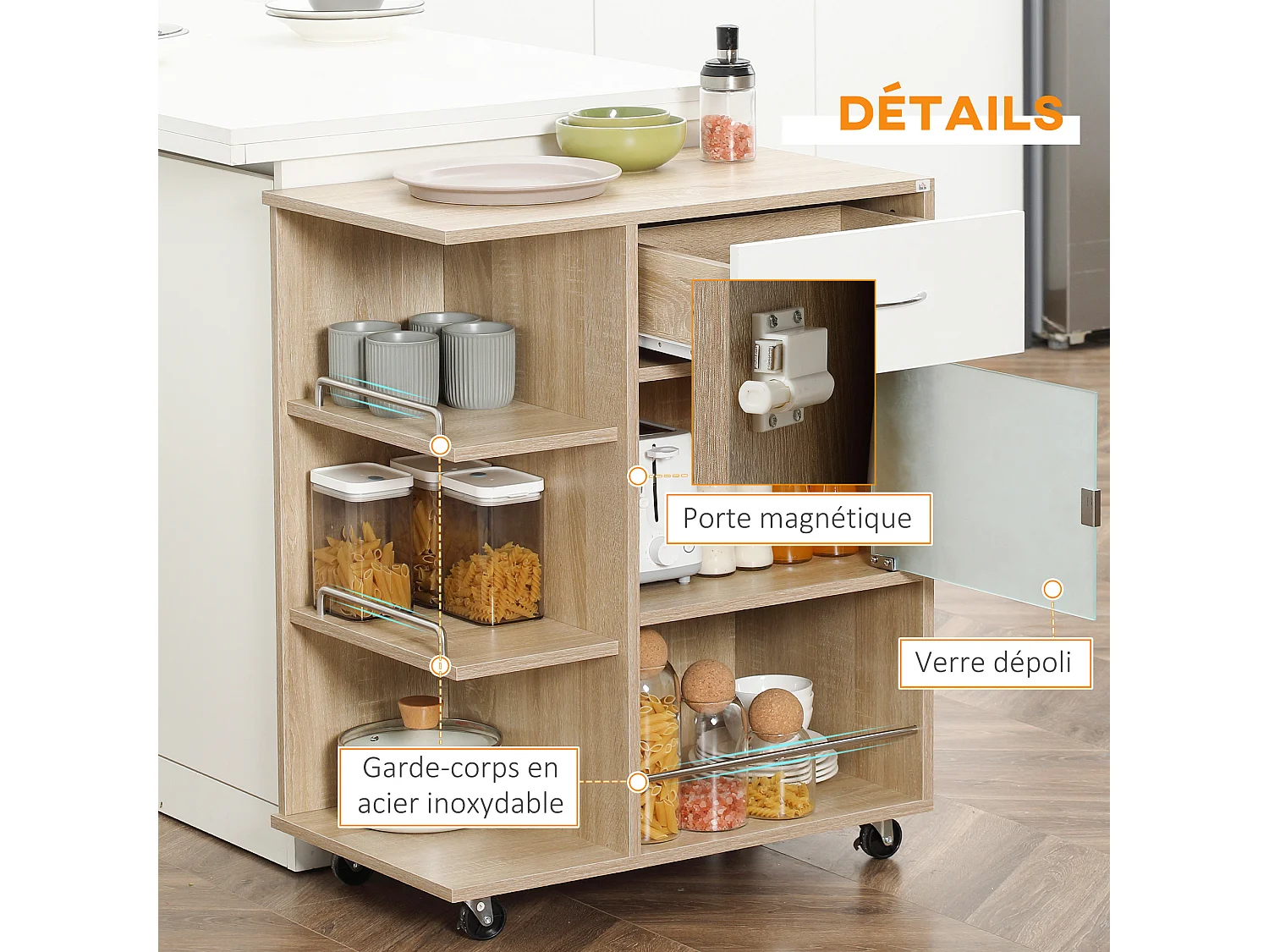 Desserte de cuisine style contemporain - 3 étagères, niche, porte verre, tiroir - effet bois naturel blanc