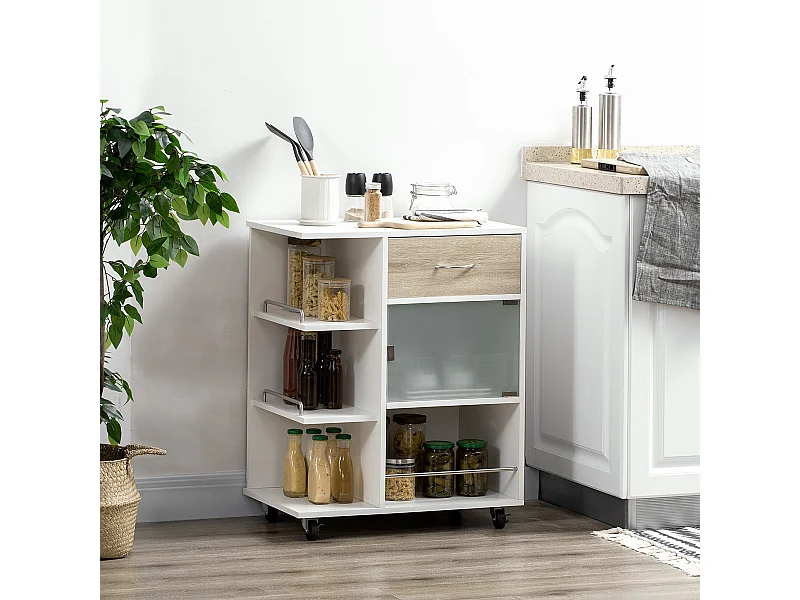 Desserte de cuisine style contemporain - 3 étagères, niche, porte verre, tiroir - blanc effet bois naturel