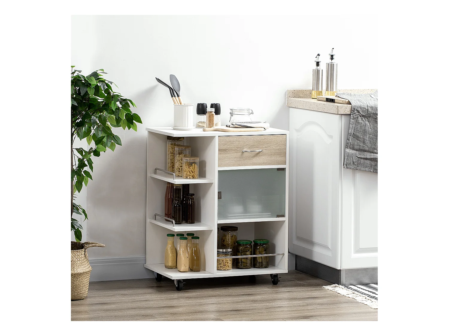 Desserte de cuisine style contemporain - 3 étagères, niche, porte verre, tiroir - blanc effet bois naturel