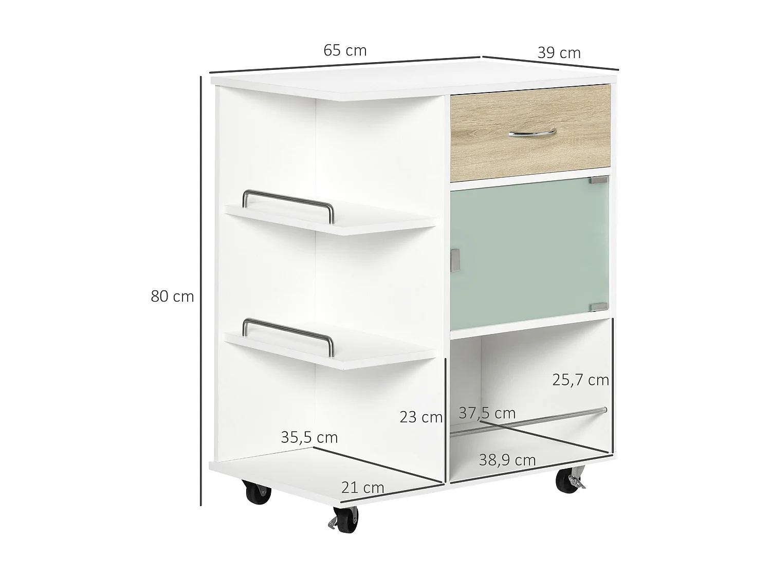 Desserte de cuisine style contemporain - 3 étagères, niche, porte verre, tiroir - blanc effet bois naturel