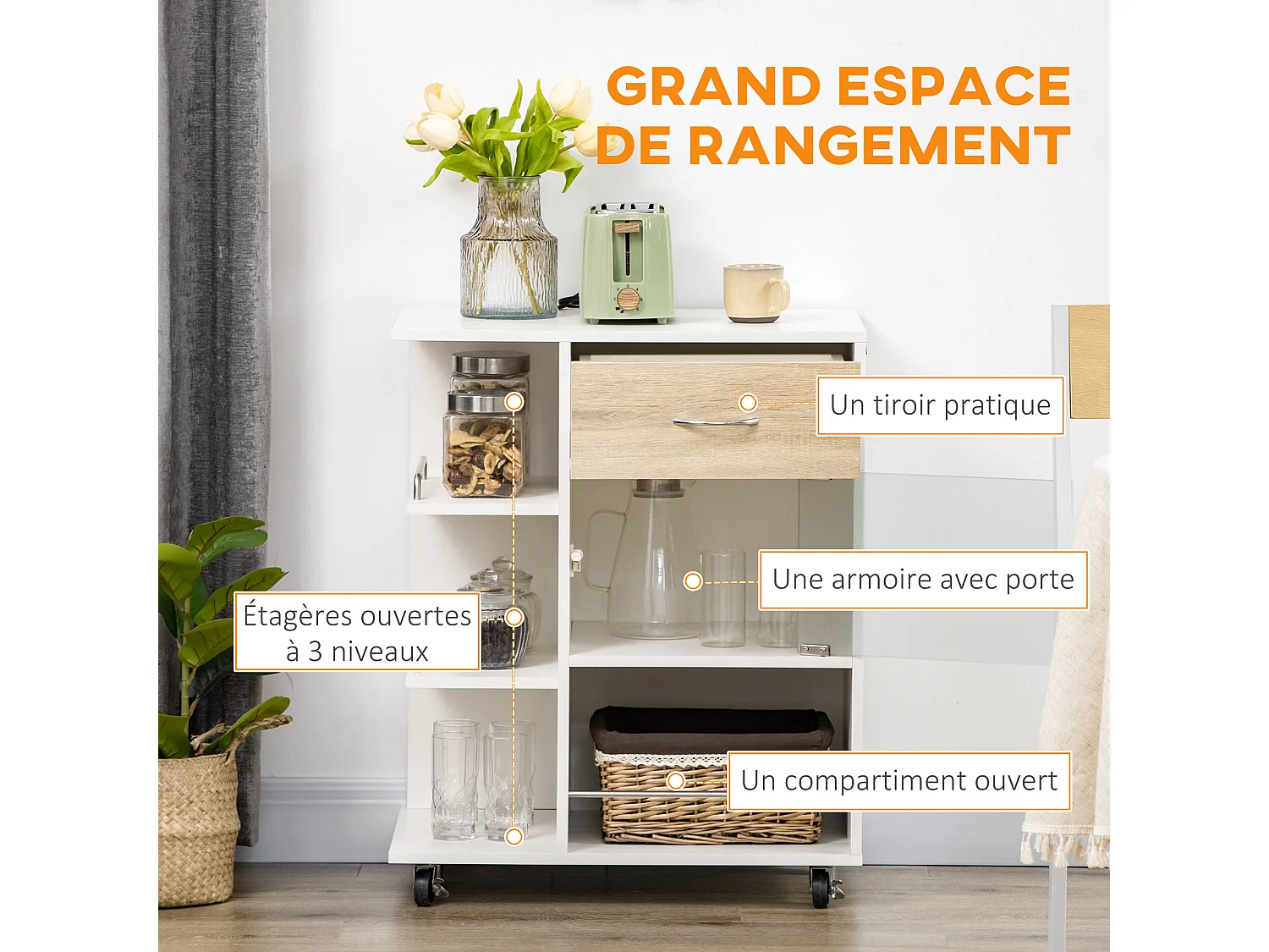 Desserte de cuisine style contemporain - 3 étagères, niche, porte verre, tiroir - blanc effet bois naturel