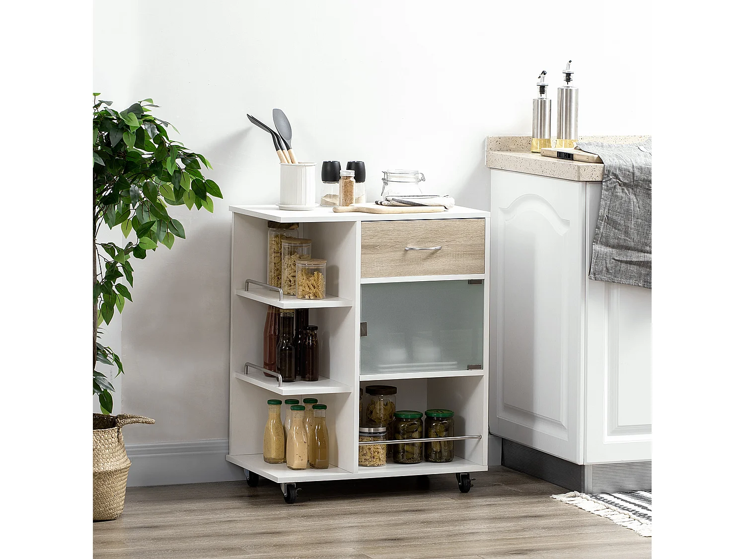 Desserte de cuisine style contemporain - 3 étagères, niche, porte verre, tiroir - blanc effet bois naturel