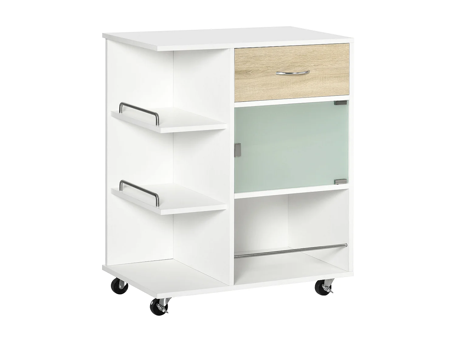 Desserte de cuisine style contemporain - 3 étagères, niche, porte verre, tiroir - blanc effet bois naturel