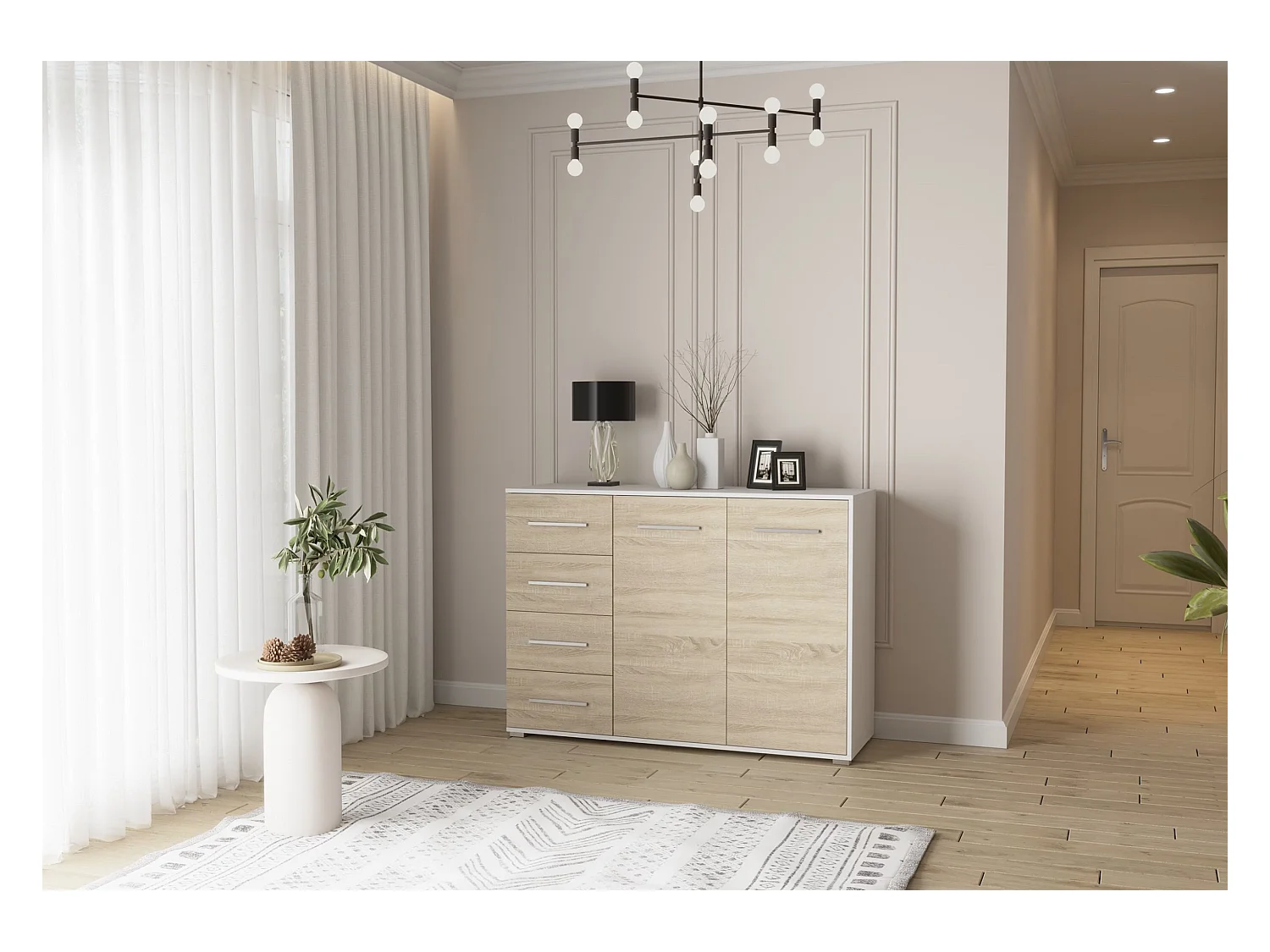 Buffet - Commode Ilario III 135 cm - Aspect mat - Blanc - Chêne