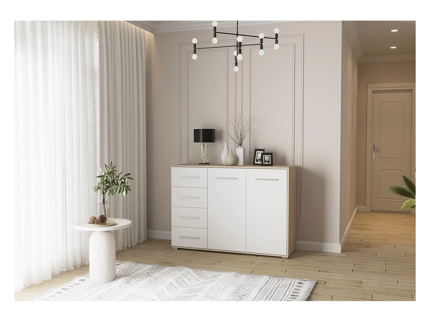Buffet - Commode Ilario III 135 cm - Aspect mat - Chêne - Blanc